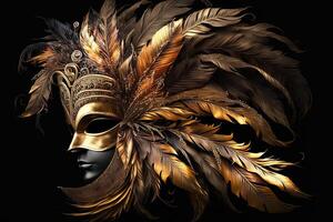 Venetian carnival mask. Gold color, colored feathers. Happy carnival festival, attributes of the Brazilian carnival. Venetian carnival mask and beads decoration. Mardi gras background. photo