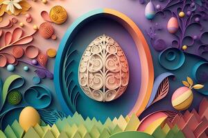 paper cut quilling multi dimensional easter egg in easter celebration, a lot of egg and small rabbit in background. Spring concept. photo