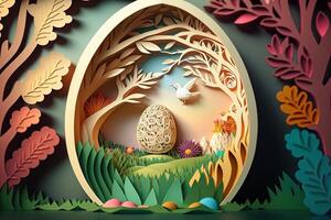 paper cut quilling multi dimensional easter egg in easter celebration, a lot of egg and small rabbit in background. Spring concept. photo