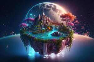 floating island with waterfalls, moon, bright galaxy, small shining colourful crystals growing on the island, bright stars, cloud waterfall, glistening rainbow water. Sci fi planet photo