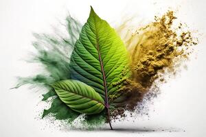 powder flavored explosion white background with kratom leafs mockup for matcha tea. photo