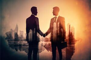 The double exposure image of two business man shaking hand with cityscape image. The concept of modern life, business, city life and internet of things. photo