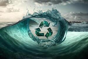 reciclar símbolo en el océano. generativo ai verde energía concepto, No más basura y el plastico en mar. salvar el Oceano desde basura. proteger el océanos y mares eco poder foto
