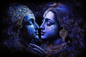 Radha krishna in love medium shot photography portrait of cosmic galactic . symbol of Devine Love. Art Print For Home Decor hindu couple on abstract decorative background photo