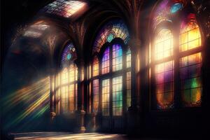 Palace interior with high stained-glass windows made of multicolored glass, an old majestic hall, sun rays through the windows. Dark fantasy interior. photo