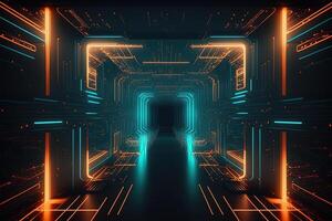 Abstract neon lights into digital technology tunnel. Futuristic technology abstract background with lines for network, big data, data center, server, internet, speed. technology photo