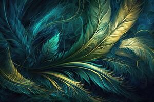 Abstract background with feather pattern, gradients and texture, digital painting in blue, green and gold, red, teal, orange colors, created with photo