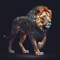 generativo ai ilustración de creativo de león hecho de vistoso geométrico formas en antecedentes. líder, coraje, fuerte y corajudo, majestuoso león foto