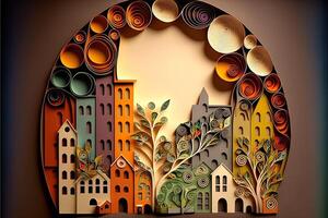 paper quilling style urban design. Multidimensional paper quilling craft illustration a small city. photo