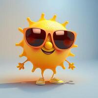 collection of happy, smiling, joyful cartoon style sun characters for summer, vacation design. Cartoon sun character wearing sunglasses. generative AI photo