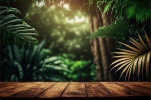 Tropical background with a wooden table on the forefront and lush vegetation with lots of copy space, perfect for editing with your product. Empty ready for your product display. photo