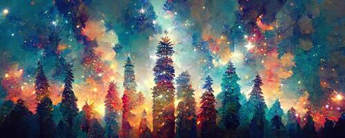 artistic colorful mosaic pattern christmas tree forest milky way at the background. Collage contemporary print with trendy decorative mosaic pattern with different colors, modern art. photo