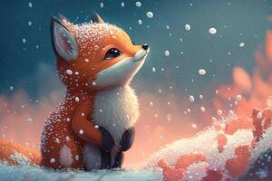 Cute red fox baby cartoon dreamlike in snow, winter, . Animal and landscape concept. photo