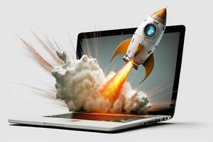 Rocket coming out of laptop screen, white background. AI digital illustration concept of ideas and start up. photo