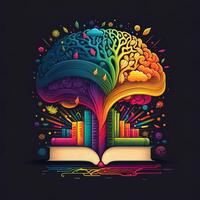 This whimsical image shows a brain with a library inside, its neurons and synapses lit up in a rainbow of joyful colors. A stack of books on a shelf indicates knowledge and learning, photo