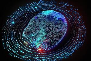 Photo of Holographic Fingerprint Security in the Digital Age, Protecting Big Data with AI Technology . Fingerprint integrated in a printed circuit, releasing binary codes.