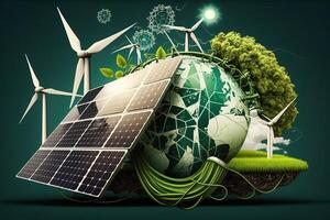 Renewable energy background with green energy as wind turbines and solar panels. green energy concept energy sources sustainable Ecology Elements photo