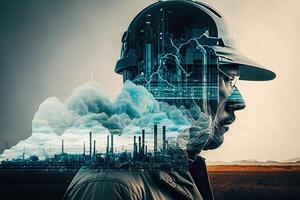 Conceptual graphic design of an energy sector and future manufacturing. With double exposure artwork, an oil, gas, and petrochemical refinery facility demonstrates the future of power. photo