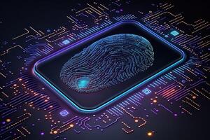 Photo of Holographic Fingerprint Security in the Digital Age, Protecting Big Data with AI Technology . Fingerprint integrated in a printed circuit, releasing binary codes.