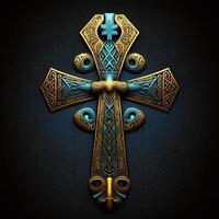 Ancient golden ankh symbol isolated on dark background. Illustration of an Egyptian cross in digital form. The ancient Egyptians used the Ankh as a symbol for eternal life. photo