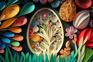 paper cut quilling multi dimensional easter egg in easter celebration, a lot of egg and small rabbit in background. Spring concept. photo