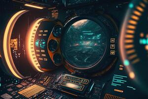 Futuristic navigation system, AR space, floating in the space, flat design, information graphic. Sci-fi space exploration concept. Inside view of the sci-fi cabin of the pilot . photo