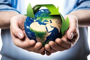 Hand holding earth with recycle symbol in middle. Green energy concept, no more trash and plastic in sea. Save the ocean from garbage. Protecting the oceans and seas. Eco power photo