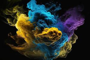 generativo ai un vistoso fumar nube es mostrado en esta imagen, eso mira me gusta eso es flotante en el aire y es muy oscuro y azul y amarillo, con un negro antecedentes. foto