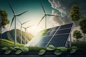 Renewable energy background with green energy as wind turbines and solar panels. green energy concept energy sources sustainable Ecology Elements photo