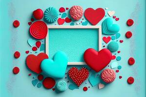 Valentine frame and banner. Red, blue, cyan, pink decoration. flat lay, romantic. Love and valentine day concept. photo