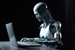 A robot with artificial intelligence works in the office at a laptop, . photo