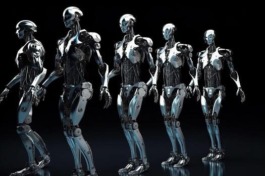 Robots with artificial intelligence in full growth in 3D on a black background, . photo