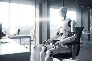A robot with artificial intelligence works in the office at a laptop, . photo