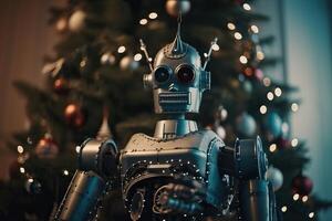 A robot near the Christmas tree, . photo
