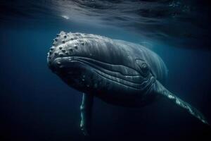 un grande jorobado ballena nada solo en el Oceano aguas, generativo ai. foto