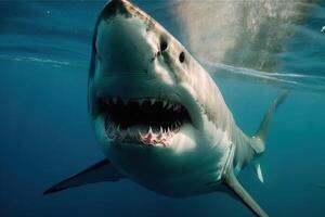 A shark with an open mouth swims underwater, . photo