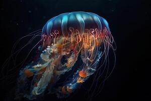 A colorful jellyfish glows at the bottom of the sea, . photo