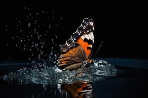 A butterfly flies close over the water, . photo