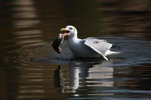 A seagull on the shore of the sea or river catches fish, . photo