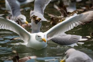 un grupo de gaviotas en un río banco o mar, generativo ai. foto