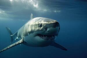 A shark with an open mouth swims underwater, . photo