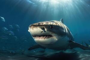 A close-up of a shark swims among small fish, . photo