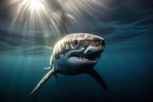 A shark with an open mouth swims underwater, . photo