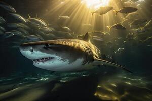 A close-up of a shark swims among small fish, . photo