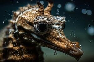 Portrait of a seahorse underwater between coral reefs, photo