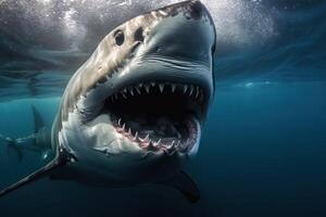 A shark with an open mouth swims underwater, . photo