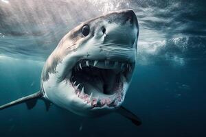 A shark with an open mouth swims underwater, . photo