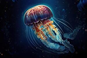 A colorful jellyfish glows at the bottom of the sea, . photo