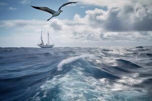 The albatross spreads its wings and flies over the water, . photo