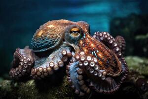 A large octopus at the bottom of the sea between coral reefs, . photo